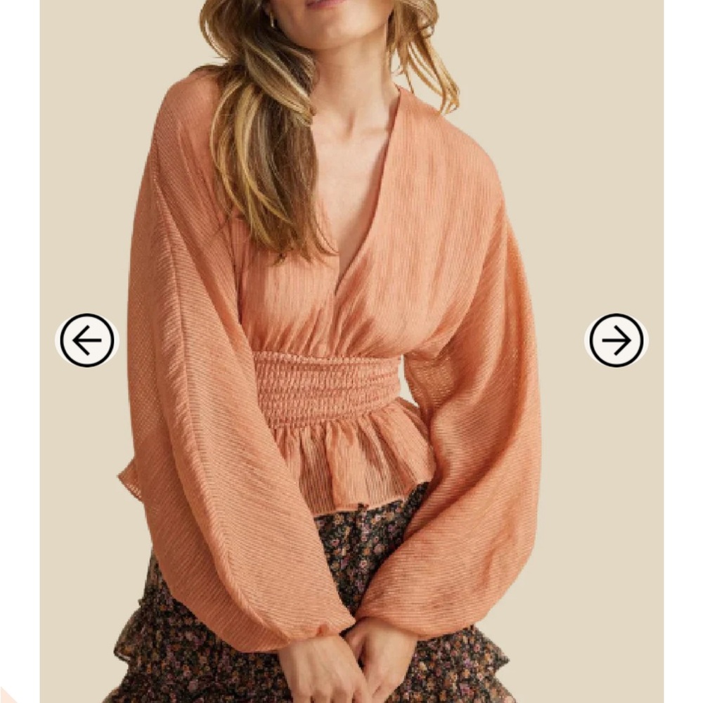 CLOSING SALE 
Peach Smocked Waist Blouse With Boho Flowy Long Sleeves Peach XL